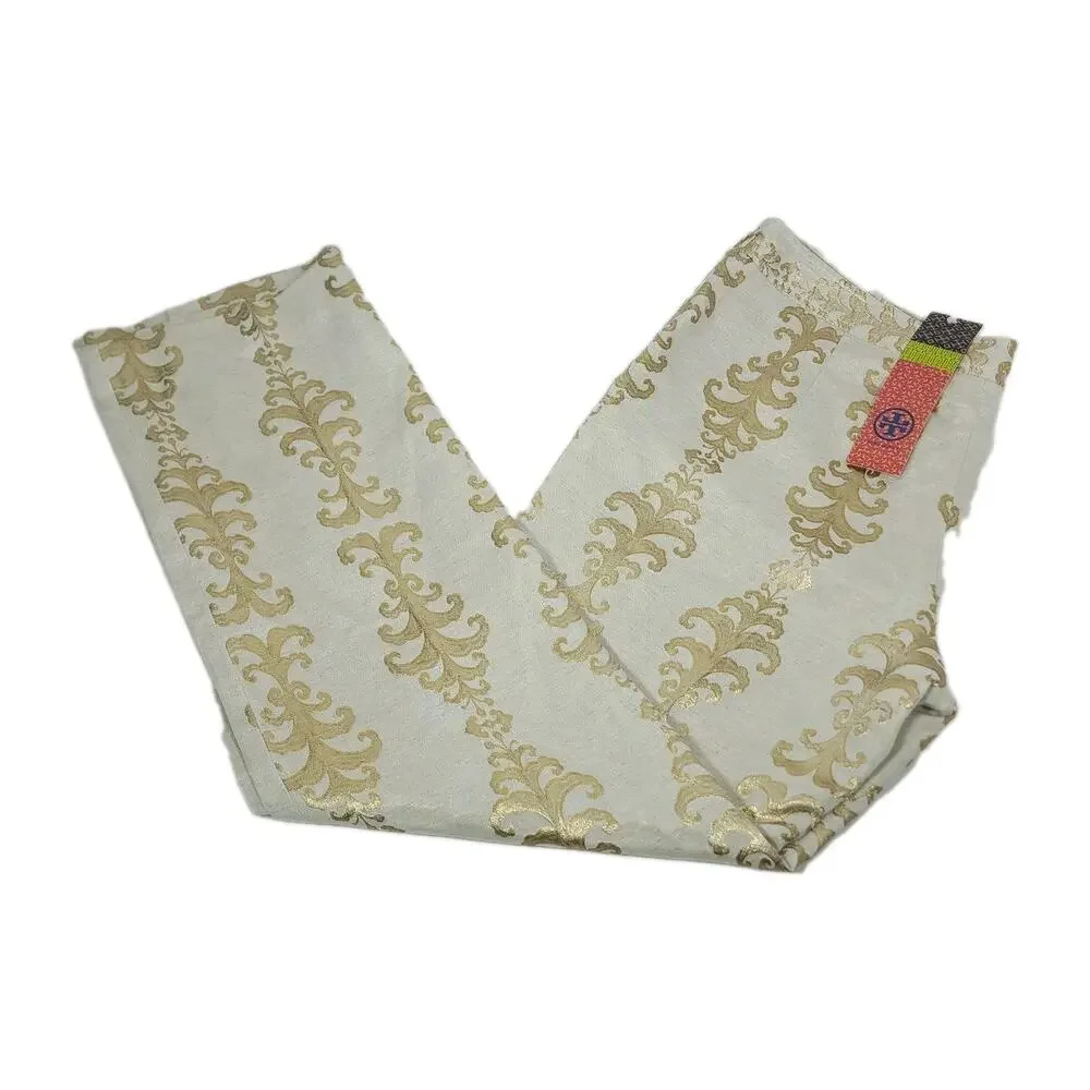 Tory Burch Women's Sz8 Gold and Cream Linen Blend Filigree Print Ankle Pants NWT